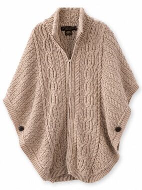 EUC!! Inis Crafts 100% Merino Wool Tan Cable Knit Zip-Front Poncho Cape Sweater